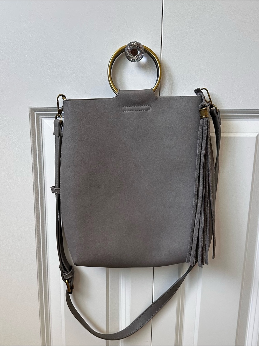 Anthropologie luanna Gray Suede Tassel Crossbody Bag with Gold Ring Handle